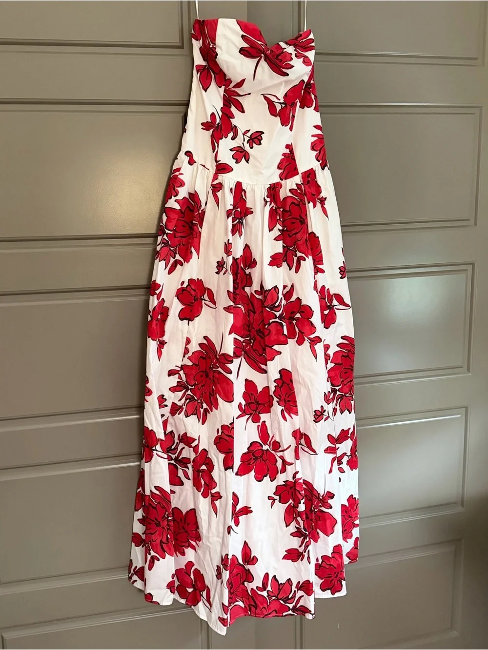 Strapless Drop-Waist Maxi Dress - red floral, XS Petite